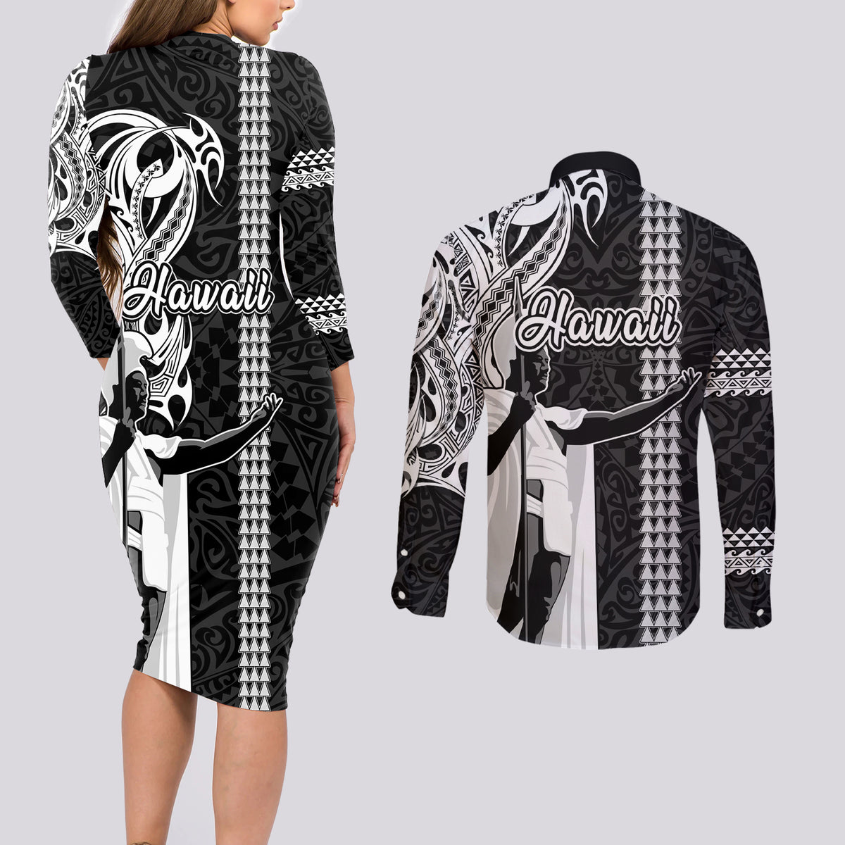 Hawaii Niihau Island Couples Matching Long Sleeve Bodycon Dress and Long Sleeve Button Shirts Hawaiian King and Kakau Symbols Abstract Shoulder Tattoo LT03 - Polynesian Pride