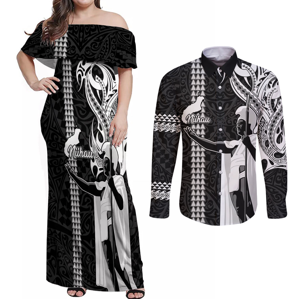 Hawaii Niihau Island Couples Matching Off Shoulder Maxi Dress and Long Sleeve Button Shirts Hawaiian King and Kakau Symbols Abstract Shoulder Tattoo LT03 Black - Polynesian Pride