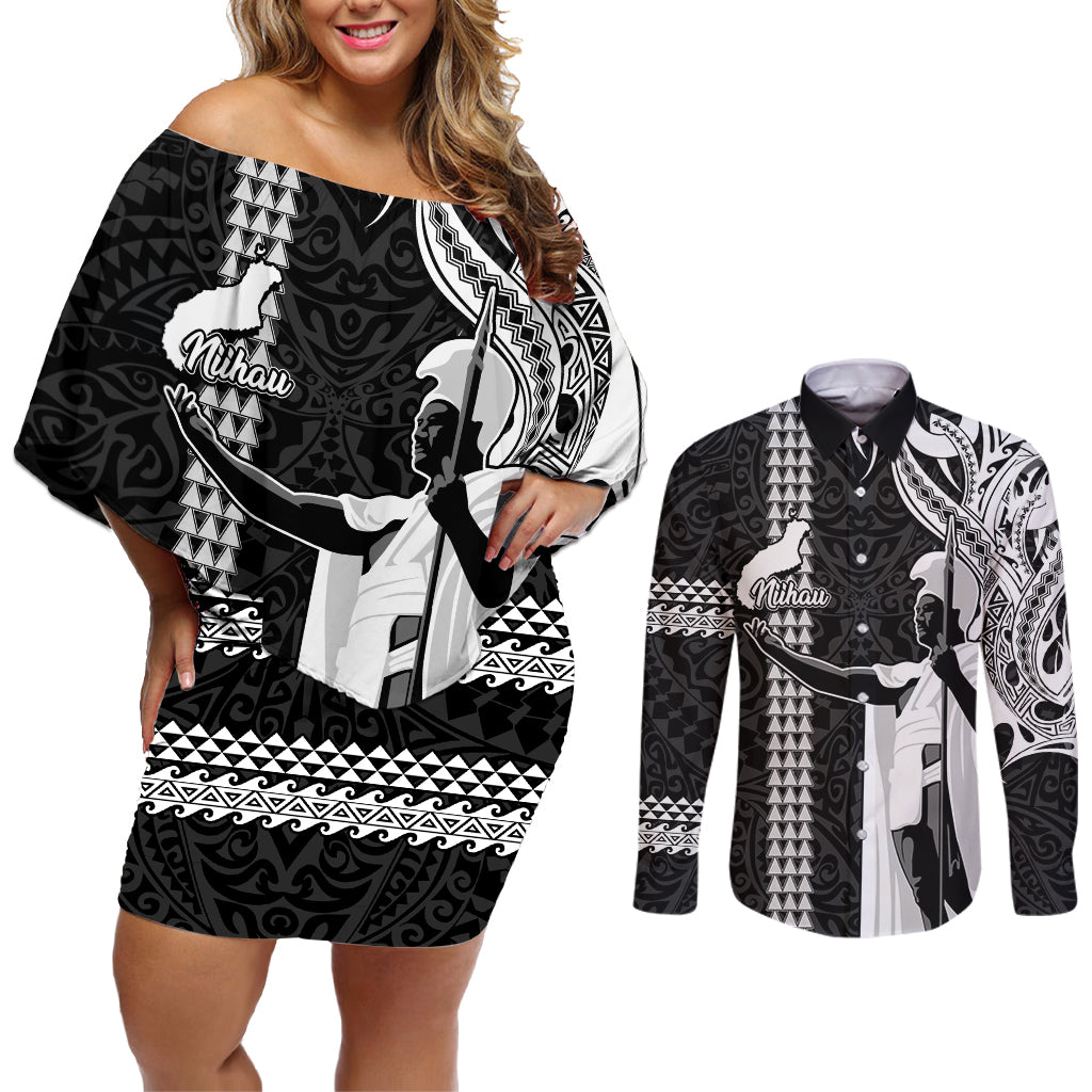 Hawaii Niihau Island Couples Matching Off Shoulder Short Dress and Long Sleeve Button Shirts Hawaiian King and Kakau Symbols Abstract Shoulder Tattoo LT03 Black - Polynesian Pride