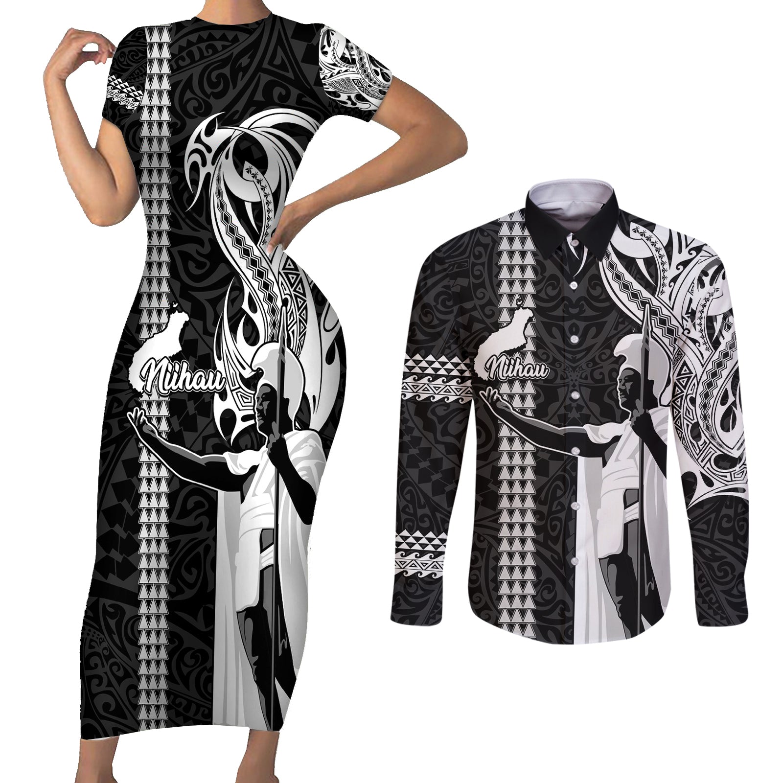 Hawaii Niihau Island Couples Matching Short Sleeve Bodycon Dress and Long Sleeve Button Shirts Hawaiian King and Kakau Symbols Abstract Shoulder Tattoo LT03 Black - Polynesian Pride