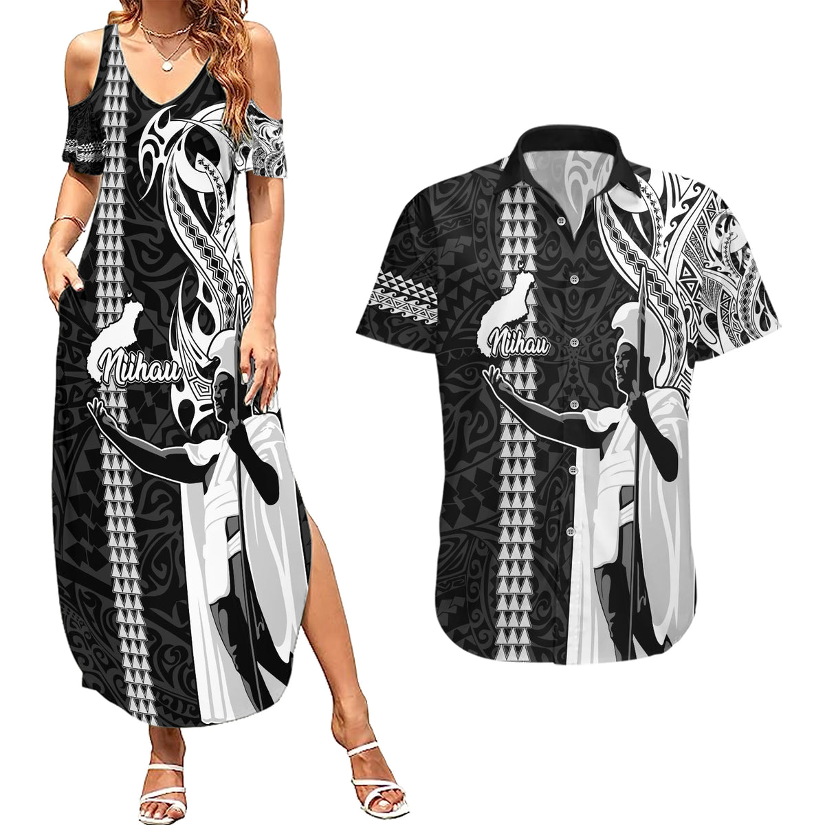 Hawaii Niihau Island Couples Matching Summer Maxi Dress and Hawaiian Shirt Hawaiian King and Kakau Symbols Abstract Shoulder Tattoo LT03 Black - Polynesian Pride