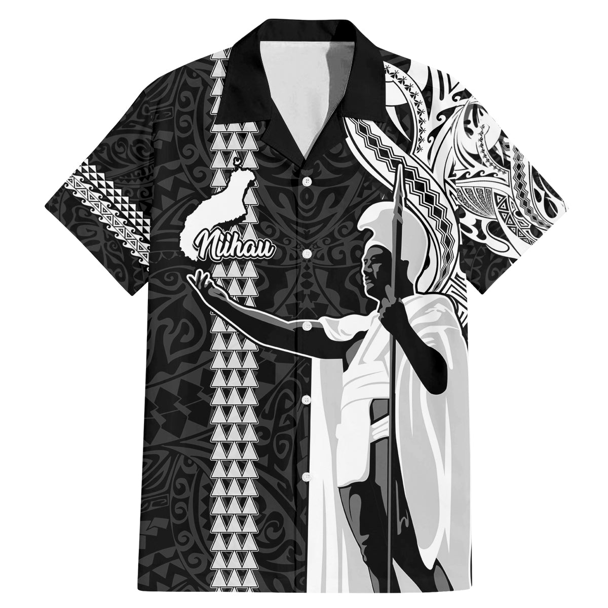 Hawaii Niihau Island Family Matching Mermaid Dress and Hawaiian Shirt Hawaiian King and Kakau Symbols Abstract Shoulder Tattoo LT03 Dad's Shirt - Short Sleeve Black - Polynesian Pride