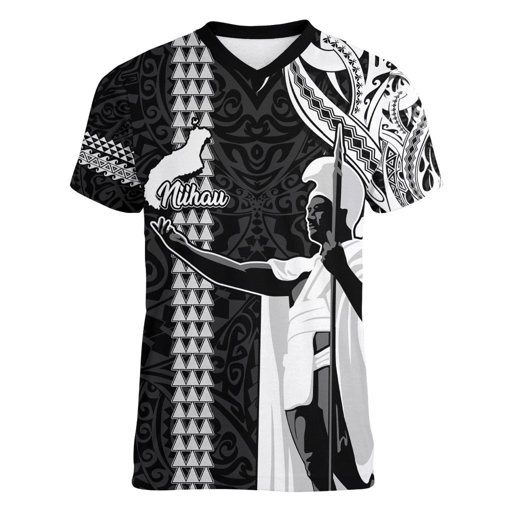 Hawaii Niihau Island Women V Neck T Shirt Hawaiian King and Kakau Symbols Abstract Shoulder Tattoo LT03 Female Black - Polynesian Pride