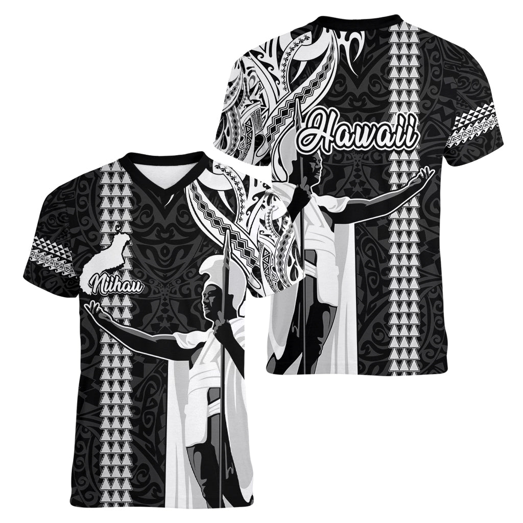 Hawaii Niihau Island Women V Neck T Shirt Hawaiian King and Kakau Symbols Abstract Shoulder Tattoo LT03 - Polynesian Pride