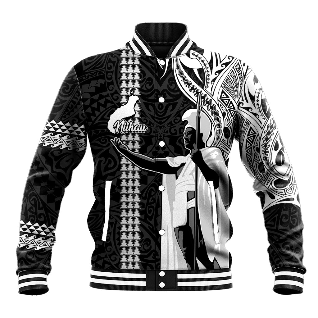 Custom Hawaii Niihau Island Baseball Jacket Hawaiian King and Kakau Symbols Abstract Shoulder Tattoo LT03 Unisex Black - Polynesian Pride