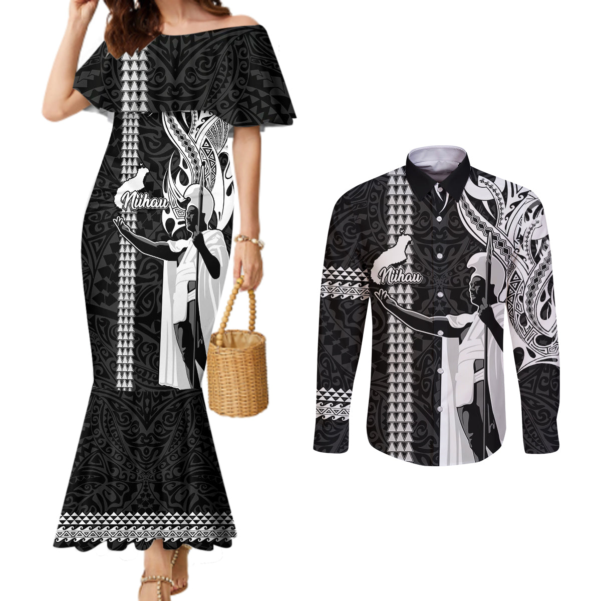 Custom Hawaii Niihau Island Couples Matching Mermaid Dress and Long Sleeve Button Shirts Hawaiian King and Kakau Symbols Abstract Shoulder Tattoo LT03 Black - Polynesian Pride
