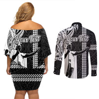 Custom Hawaii Niihau Island Couples Matching Off Shoulder Short Dress and Long Sleeve Button Shirts Hawaiian King and Kakau Symbols Abstract Shoulder Tattoo LT03 - Polynesian Pride