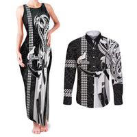 Custom Hawaii Niihau Island Couples Matching Tank Maxi Dress and Long Sleeve Button Shirts Hawaiian King and Kakau Symbols Abstract Shoulder Tattoo LT03 Black - Polynesian Pride