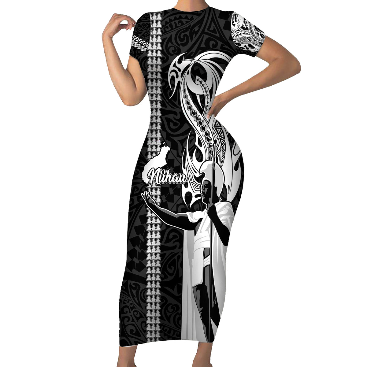 Custom Hawaii Niihau Island Family Matching Short Sleeve Bodycon Dress and Hawaiian Shirt Hawaiian King and Kakau Symbols Abstract Shoulder Tattoo LT03 Mom's Dress Black - Polynesian Pride