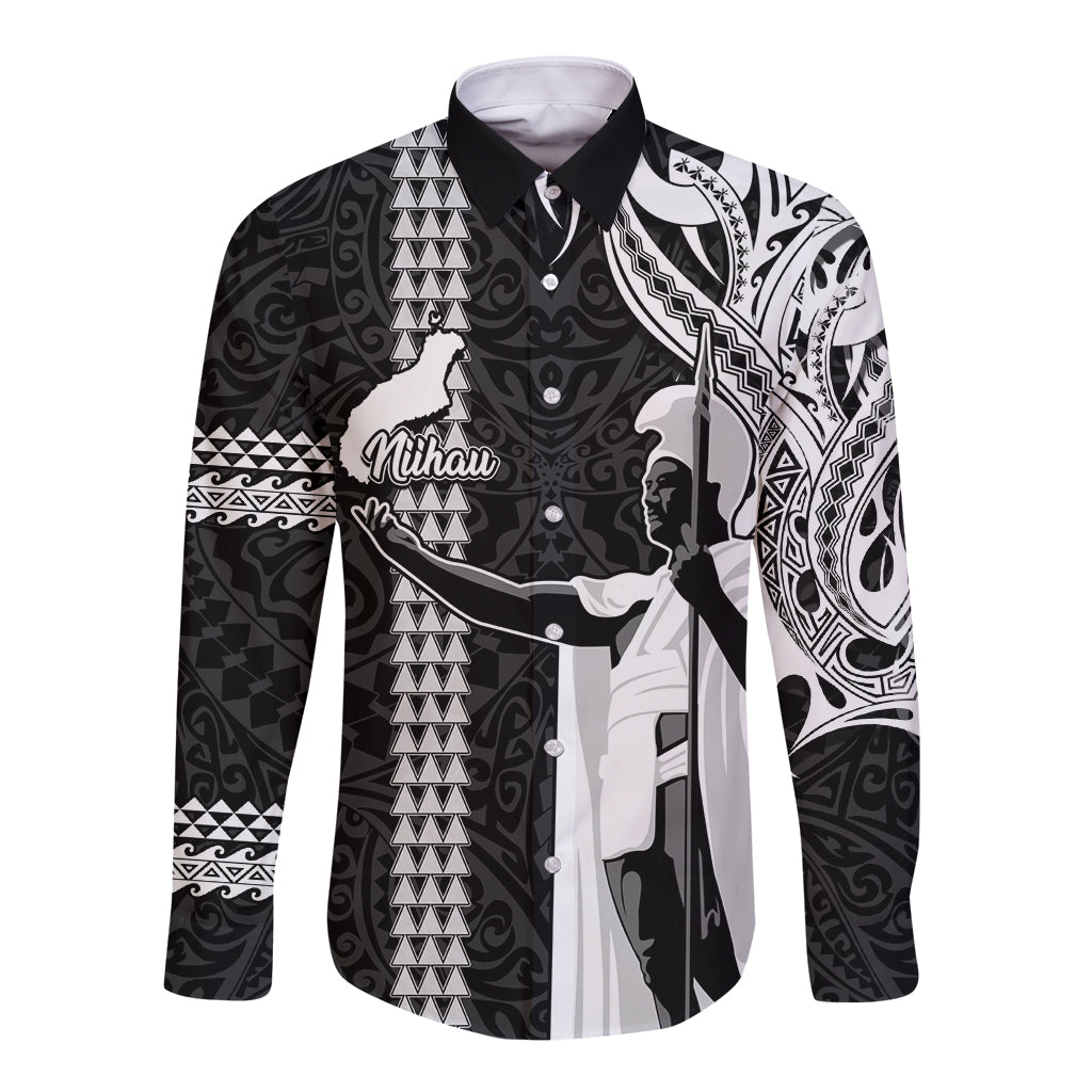 Custom Hawaii Niihau Island Long Sleeve Button Shirt Hawaiian King and Kakau Symbols Abstract Shoulder Tattoo LT03 Unisex Black - Polynesian Pride
