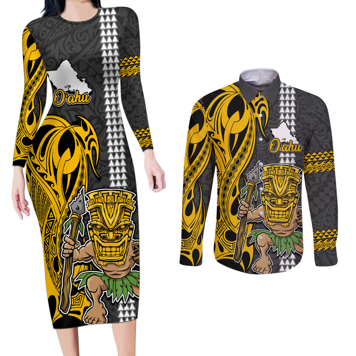 Hawaii Oahu Island Couples Matching Long Sleeve Bodycon Dress and Long Sleeve Button Shirts Hawaiian Warrior and Kakau Symbols Abstract Tattoo LT03 Yellow - Polynesian Pride