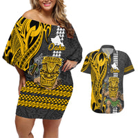Hawaii Oahu Island Couples Matching Off Shoulder Short Dress and Hawaiian Shirt Hawaiian Warrior and Kakau Symbols Abstract Tattoo LT03 Yellow - Polynesian Pride
