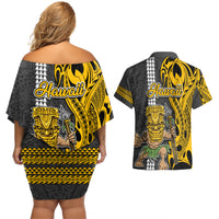 Hawaii Oahu Island Couples Matching Off Shoulder Short Dress and Hawaiian Shirt Hawaiian Warrior and Kakau Symbols Abstract Tattoo LT03 - Polynesian Pride