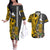 Hawaii Oahu Island Couples Matching Off The Shoulder Long Sleeve Dress and Hawaiian Shirt Hawaiian Warrior and Kakau Symbols Abstract Tattoo LT03 Yellow - Polynesian Pride