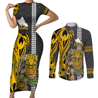 Hawaii Oahu Island Couples Matching Short Sleeve Bodycon Dress and Long Sleeve Button Shirts Hawaiian Warrior and Kakau Symbols Abstract Tattoo LT03 Yellow - Polynesian Pride