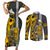 Hawaii Oahu Island Couples Matching Short Sleeve Bodycon Dress and Long Sleeve Button Shirts Hawaiian Warrior and Kakau Symbols Abstract Tattoo LT03 Yellow - Polynesian Pride
