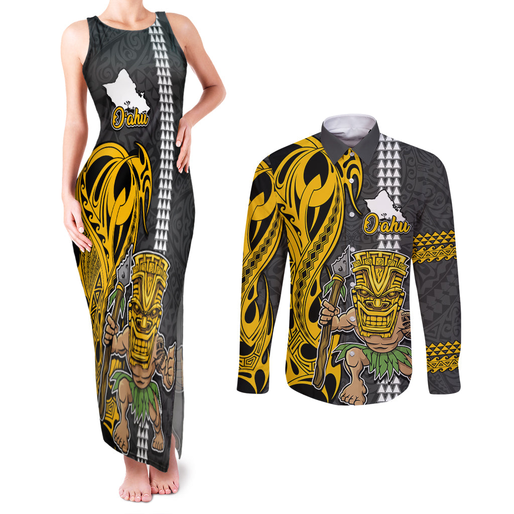 Hawaii Oahu Island Couples Matching Tank Maxi Dress and Long Sleeve Button Shirts Hawaiian Warrior and Kakau Symbols Abstract Tattoo LT03 Yellow - Polynesian Pride