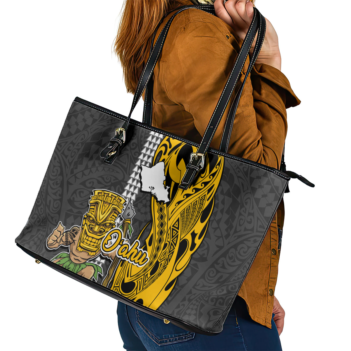 Hawaii Oahu Island Leather Tote Bag Hawaiian Warrior and Kakau Symbols Abstract Tattoo LT03 - Polynesian Pride