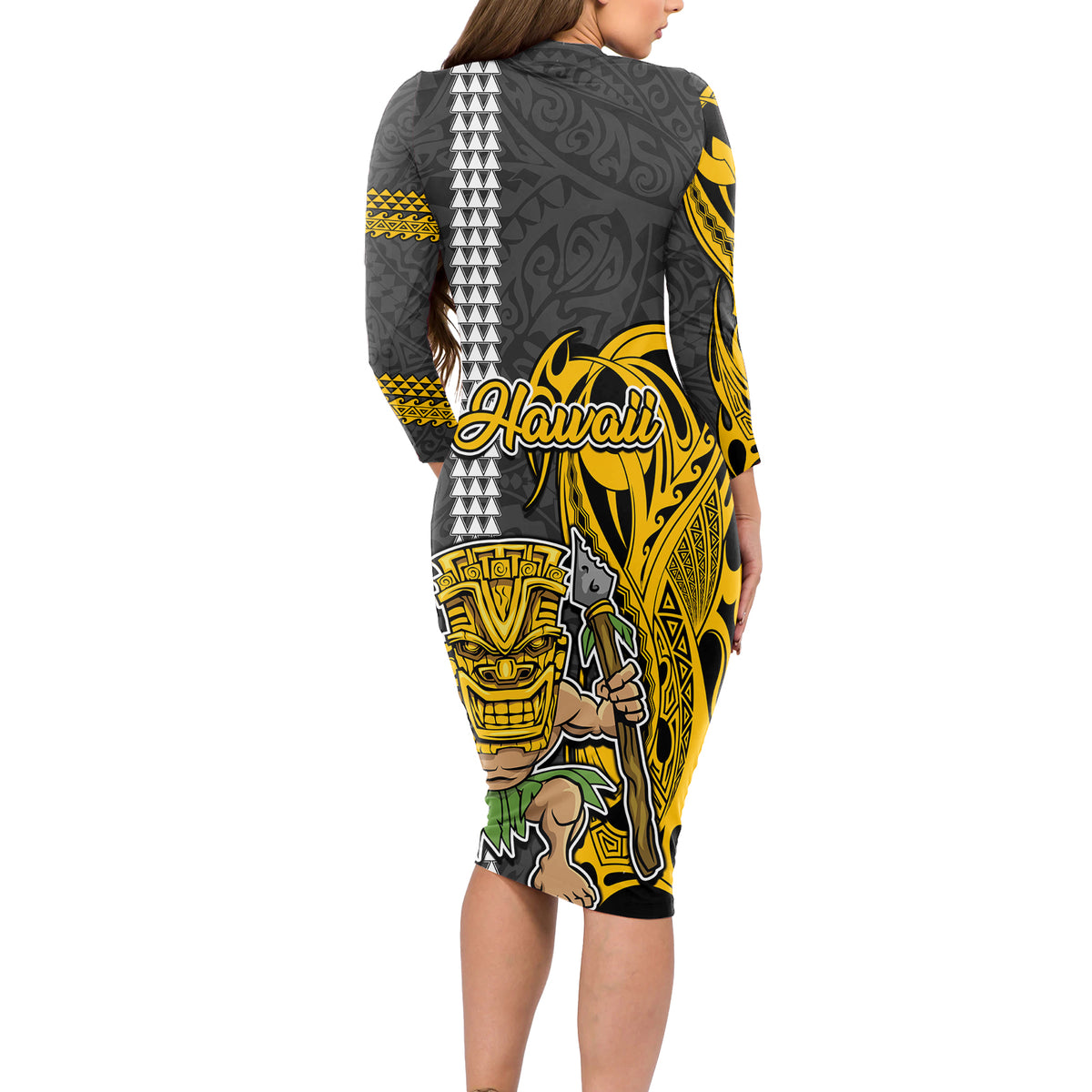 Hawaii Oahu Island Long Sleeve Bodycon Dress Hawaiian Warrior and Kaka