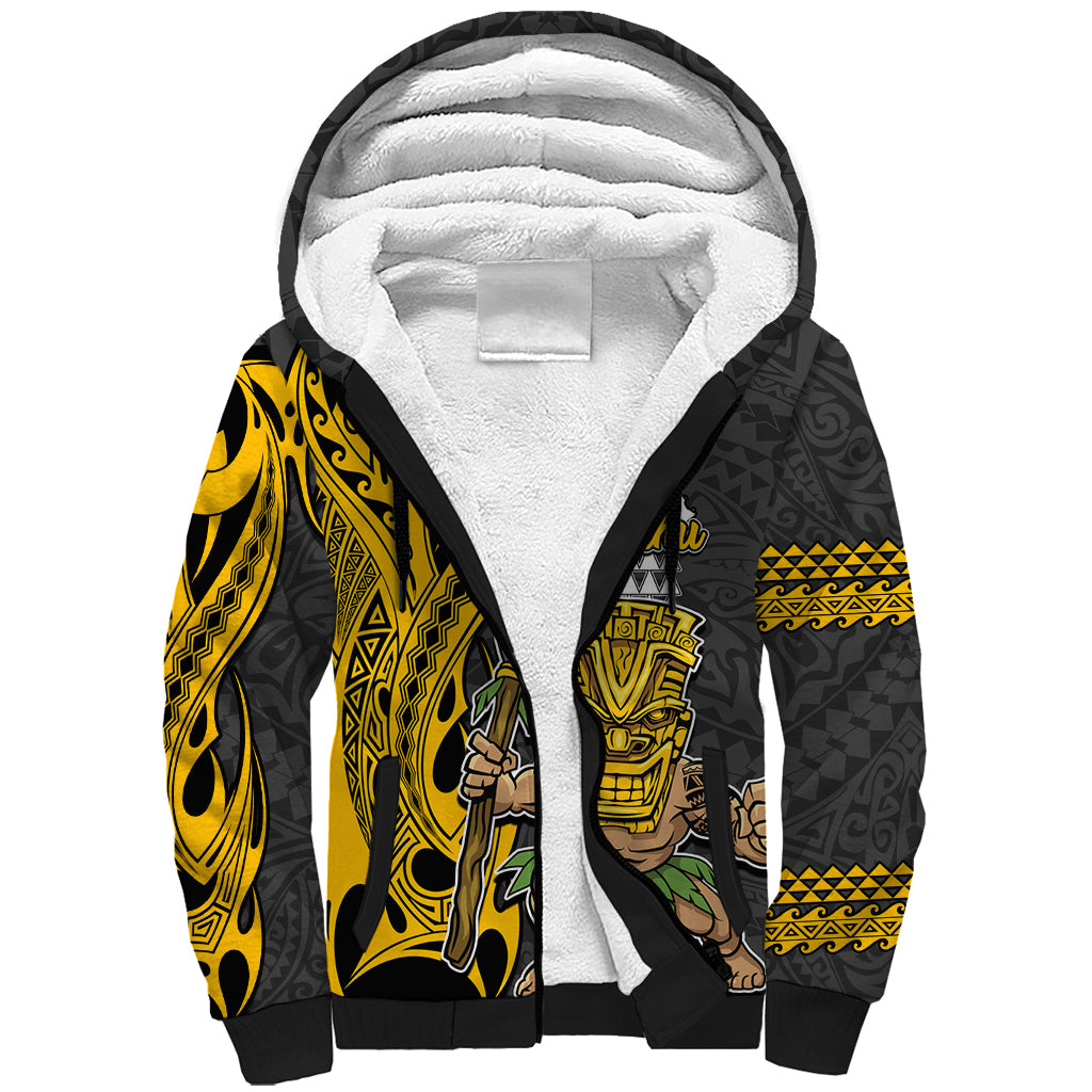 Hawaii Oahu Island Sherpa Hoodie Hawaiian Warrior and Kakau Symbols Abstract Tattoo LT03 Unisex Yellow - Polynesian Pride
