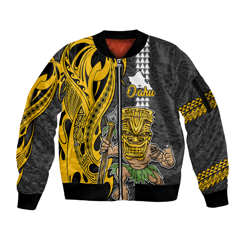 Hawaii Oahu Island Sleeve Zip Bomber Jacket Hawaiian Warrior and Kakau Symbols Abstract Tattoo LT03 Unisex Yellow - Polynesian Pride