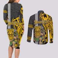 Custom Hawaii Oahu Island Couples Matching Long Sleeve Bodycon Dress and Long Sleeve Button Shirts Hawaiian Warrior and Kakau Symbols Abstract Tattoo LT03 - Polynesian Pride