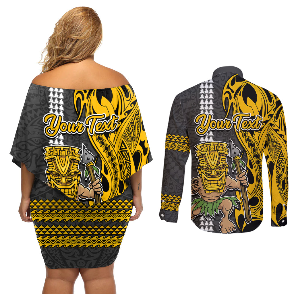 Custom Hawaii Oahu Island Couples Matching Off Shoulder Short Dress and Long Sleeve Button Shirts Hawaiian Warrior and Kakau Symbols Abstract Tattoo LT03 - Polynesian Pride