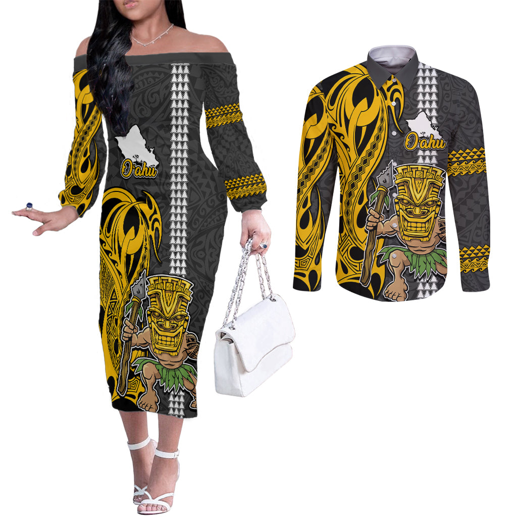 Custom Hawaii Oahu Island Couples Matching Off The Shoulder Long Sleeve Dress and Long Sleeve Button Shirts Hawaiian Warrior and Kakau Symbols Abstract Tattoo LT03 Yellow - Polynesian Pride