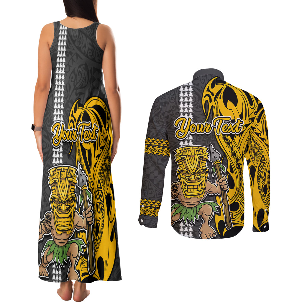 Custom Hawaii Oahu Island Couples Matching Tank Maxi Dress and Long Sleeve Button Shirts Hawaiian Warrior and Kakau Symbols Abstract Tattoo LT03 - Polynesian Pride