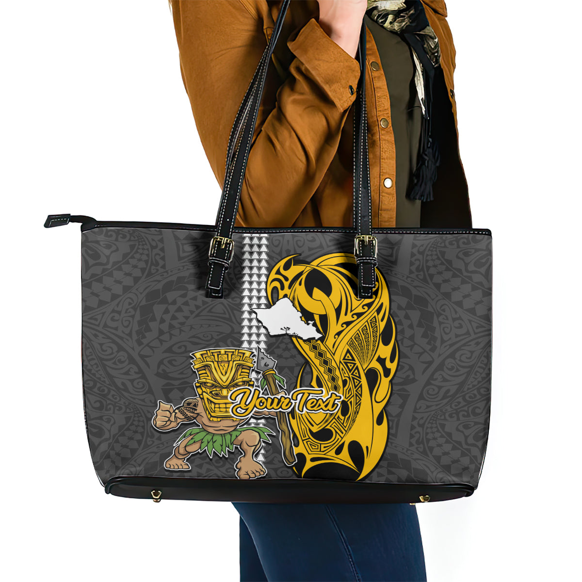 Custom Hawaii Oahu Island Leather Tote Bag Hawaiian Warrior and Kakau Symbols Abstract Tattoo LT03 - Polynesian Pride