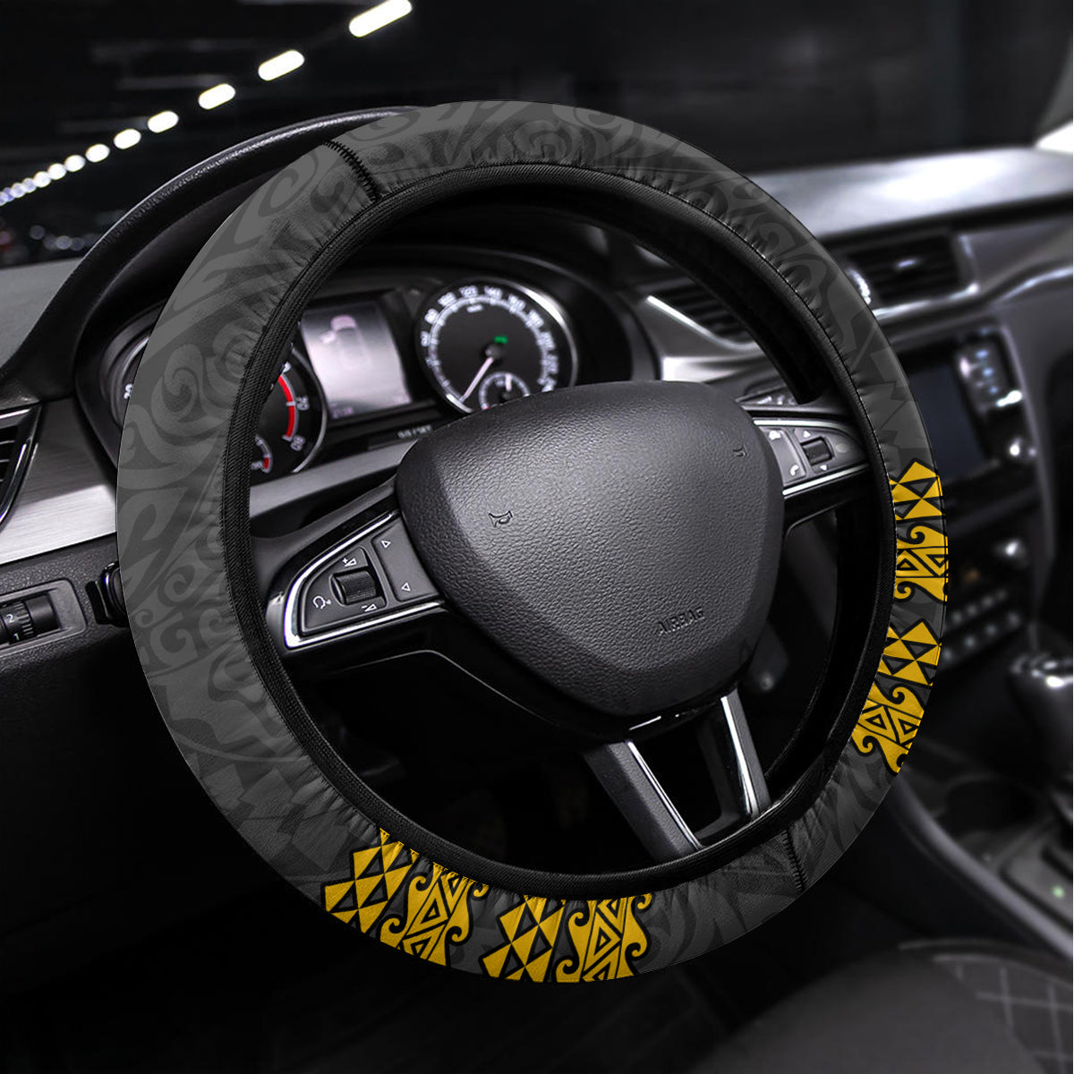 Custom Hawaii Oahu Island Steering Wheel Cover Hawaiian Warrior and Kakau Symbols Abstract Tattoo