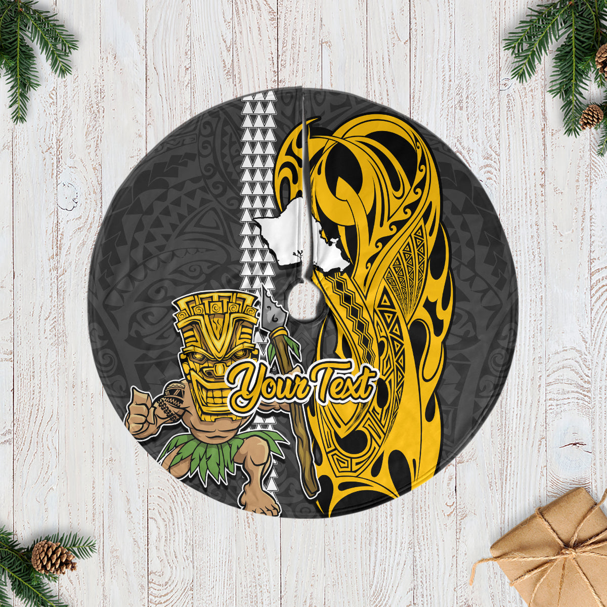 Custom Hawaii Oahu Island Tree Skirt Hawaiian Warrior and Kakau Symbols Abstract Tattoo LT03 Yellow - Polynesian Pride