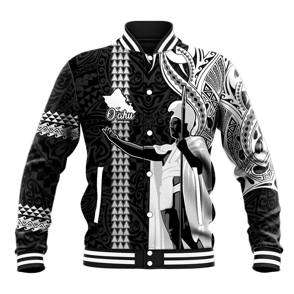 Hawaii Oahu Island Baseball Jacket Hawaiian King and Kakau Symbols Abstract Shoulder Tattoo LT03 Unisex Black - Polynesian Pride