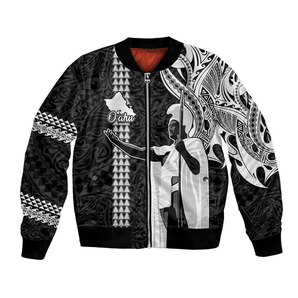 Hawaii Oahu Island Bomber Jacket Hawaiian King and Kakau Symbols Abstract Shoulder Tattoo LT03 Unisex Black - Polynesian Pride