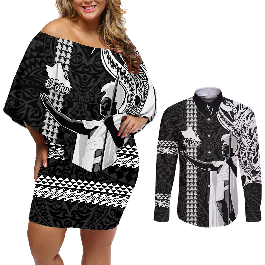 Hawaii Oahu Island Couples Matching Off Shoulder Short Dress and Long Sleeve Button Shirts Hawaiian King and Kakau Symbols Abstract Shoulder Tattoo LT03 Black - Polynesian Pride