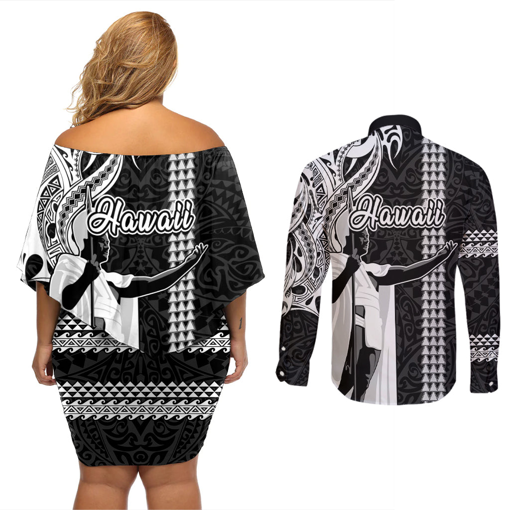 Hawaii Oahu Island Couples Matching Off Shoulder Short Dress and Long Sleeve Button Shirts Hawaiian King and Kakau Symbols Abstract Shoulder Tattoo LT03 - Polynesian Pride