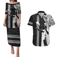 Hawaii Oahu Island Couples Matching Puletasi Dress and Hawaiian Shirt Hawaiian King and Kakau Symbols Abstract Shoulder Tattoo LT03 Black - Polynesian Pride