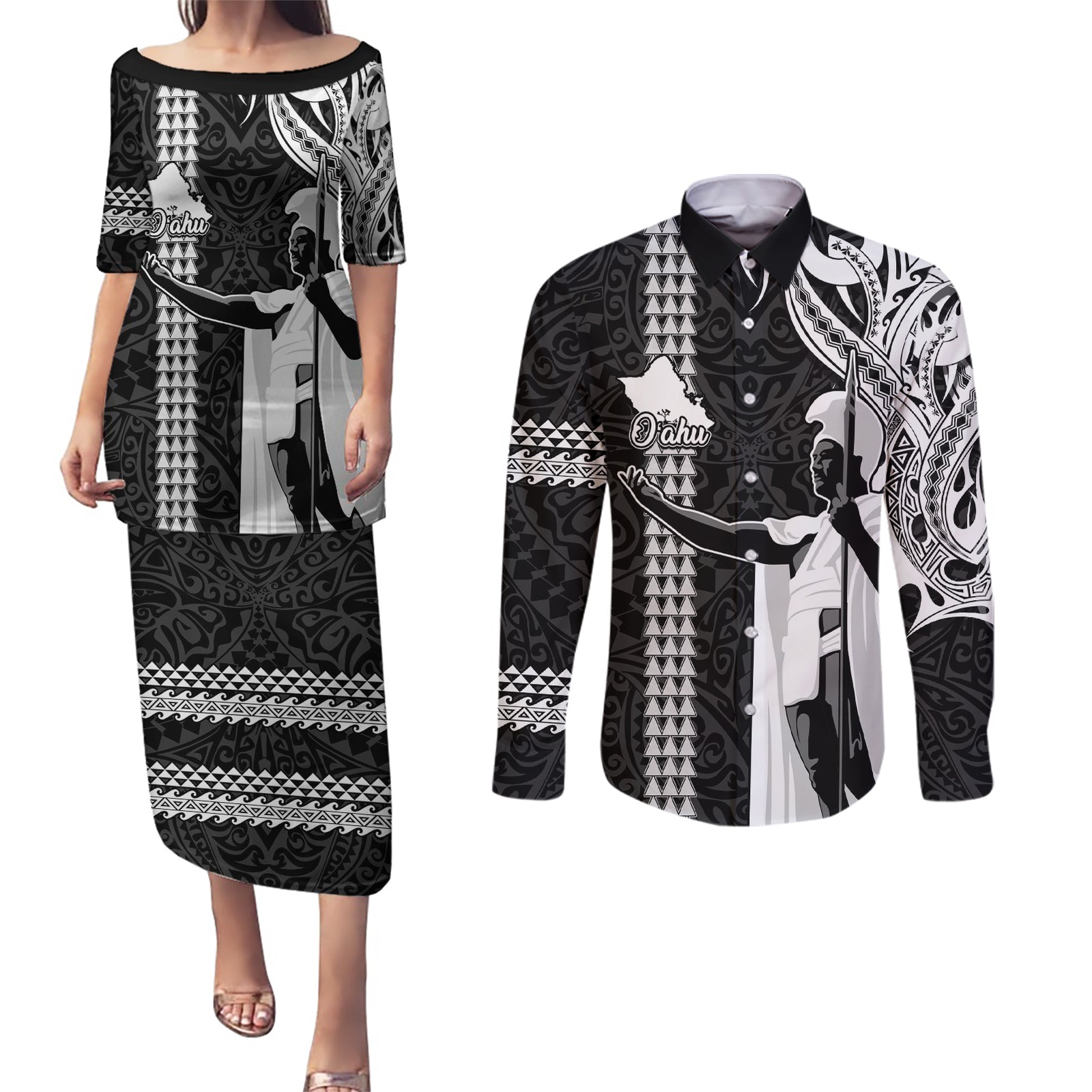 Hawaii Oahu Island Couples Matching Puletasi Dress and Long Sleeve Button Shirts Hawaiian King and Kakau Symbols Abstract Shoulder Tattoo LT03 Black - Polynesian Pride
