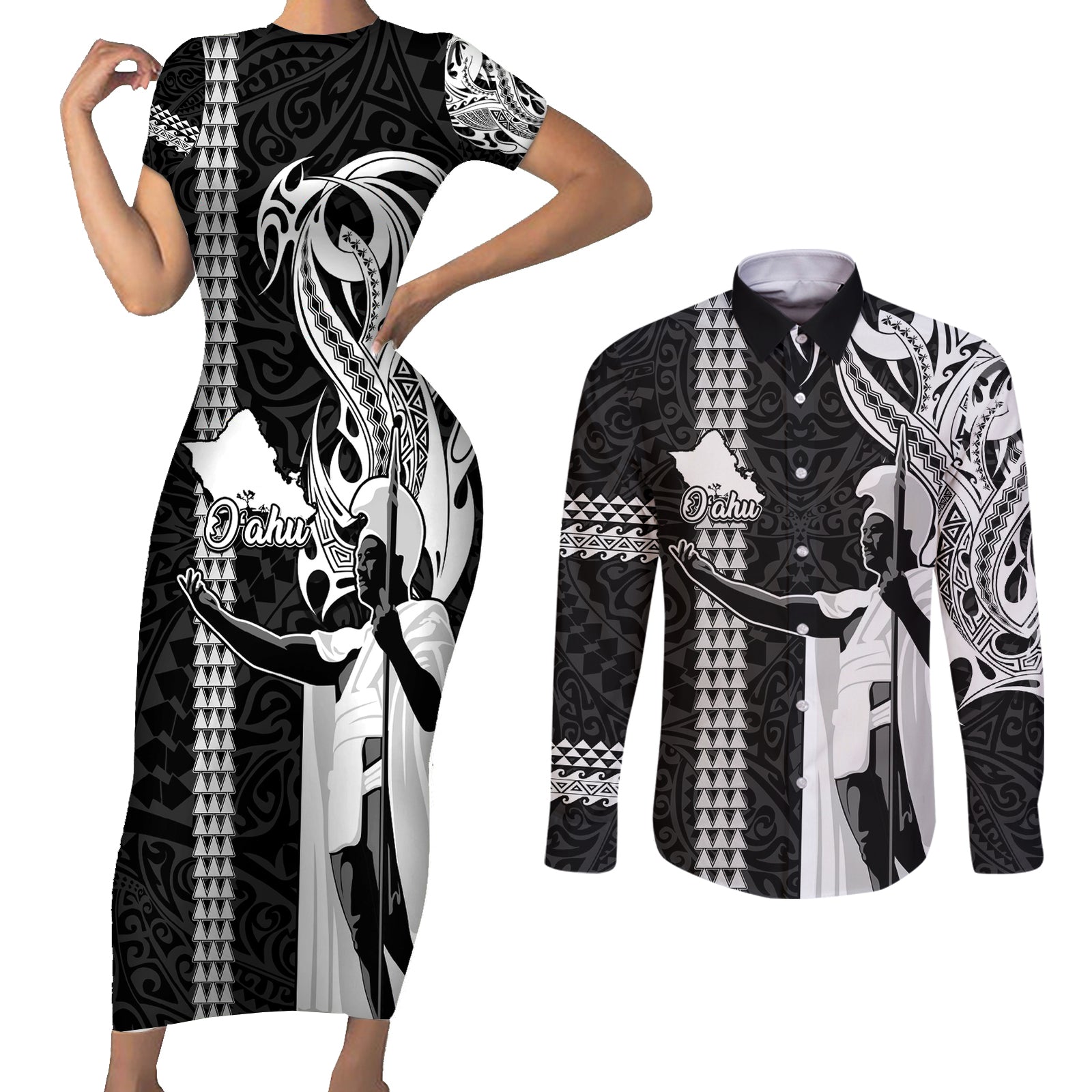 Hawaii Oahu Island Couples Matching Short Sleeve Bodycon Dress and Long Sleeve Button Shirts Hawaiian King and Kakau Symbols Abstract Shoulder Tattoo LT03 Black - Polynesian Pride