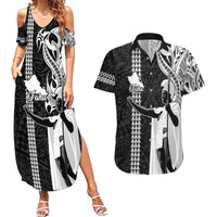 Hawaii Oahu Island Couples Matching Summer Maxi Dress and Hawaiian Shirt Hawaiian King and Kakau Symbols Abstract Shoulder Tattoo LT03 Black - Polynesian Pride