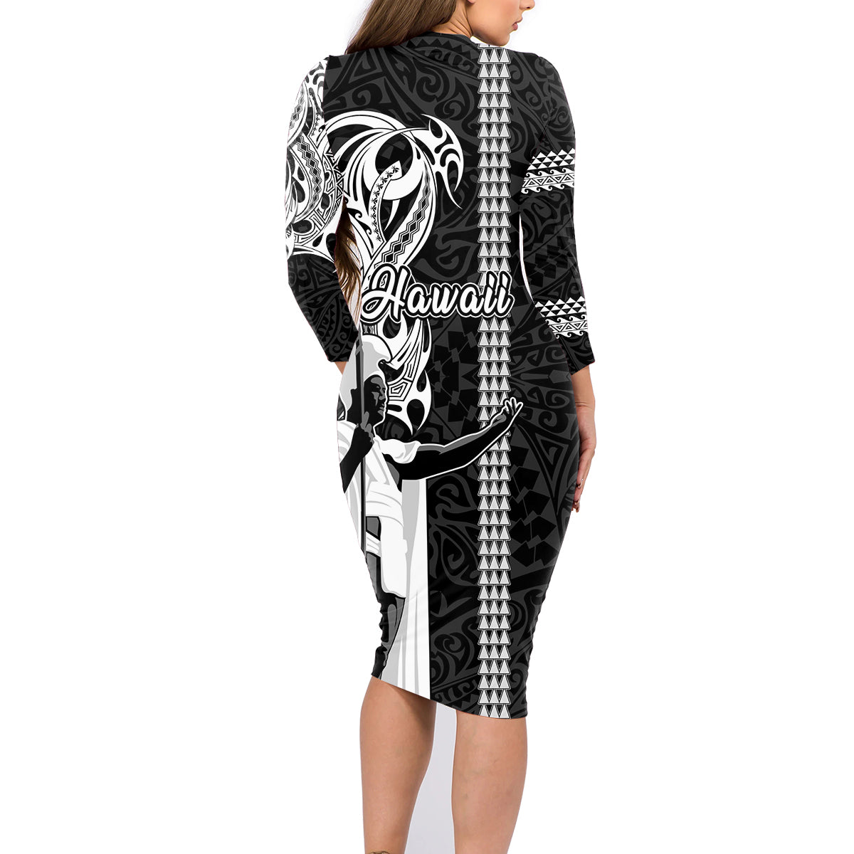 Hawaii Oahu Island Family Matching Long Sleeve Bodycon Dress and Hawaiian Shirt Hawaiian King and Kakau Symbols Abstract Shoulder Tattoo LT03 - Polynesian Pride