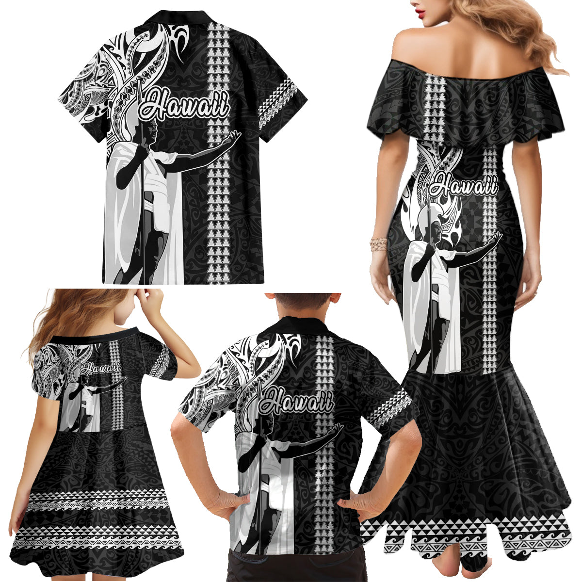 Hawaii Oahu Island Family Matching Mermaid Dress and Hawaiian Shirt Hawaiian King and Kakau Symbols Abstract Shoulder Tattoo LT03 - Polynesian Pride