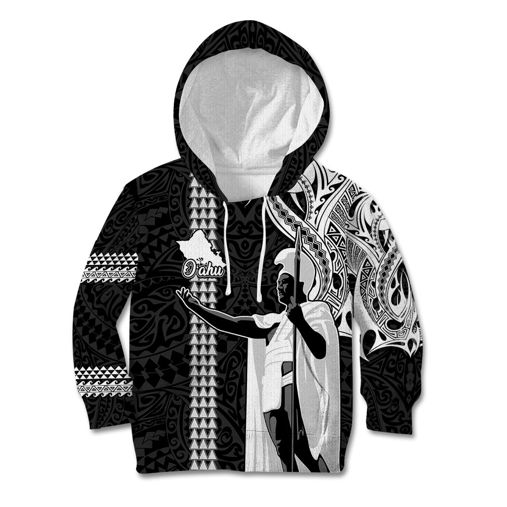 Hawaii Oahu Island Kid Hoodie Hawaiian King and Kakau Symbols Abstract Shoulder Tattoo LT03 Black - Polynesian Pride