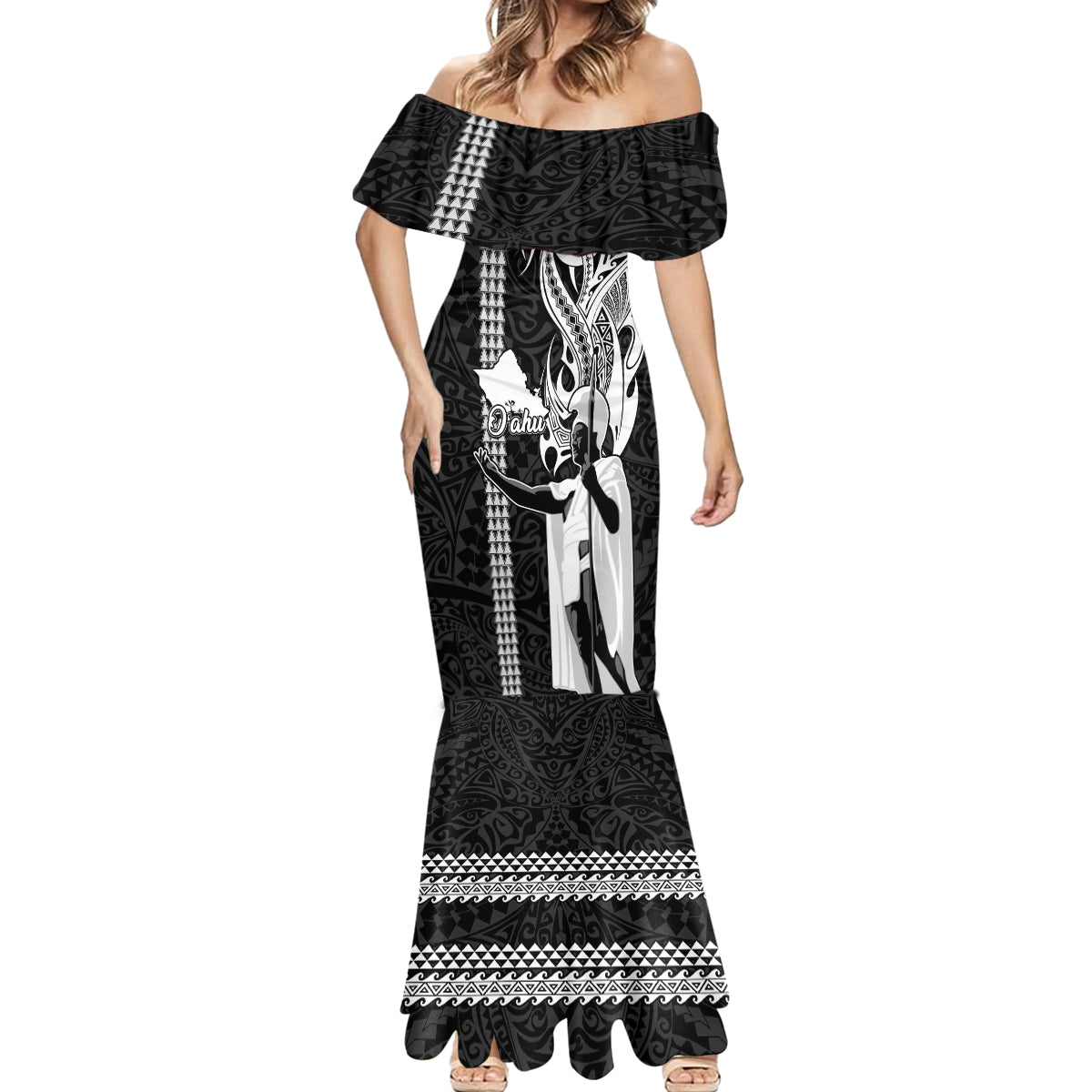 Hawaii Oahu Island Mermaid Dress Hawaiian King and Kakau Symbols Abstract Shoulder Tattoo LT03 - Polynesian Pride