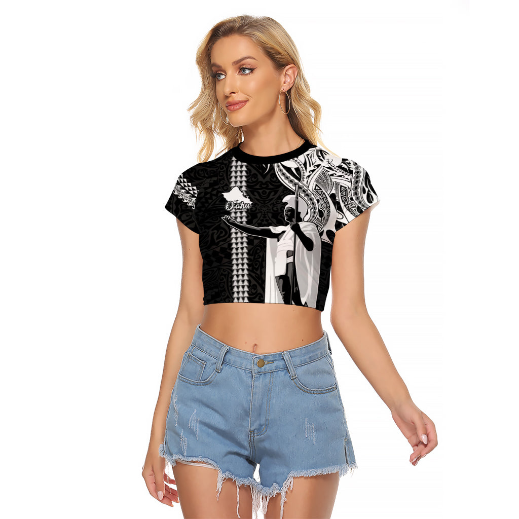 Hawaii Oahu Island Raglan Cropped T Shirt Hawaiian King and Kakau Symbols Abstract Shoulder Tattoo LT03 Female Black - Polynesian Pride