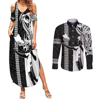 Custom Hawaii Oahu Island Couples Matching Summer Maxi Dress and Long Sleeve Button Shirts Hawaiian King and Kakau Symbols Abstract Shoulder Tattoo LT03 Black - Polynesian Pride