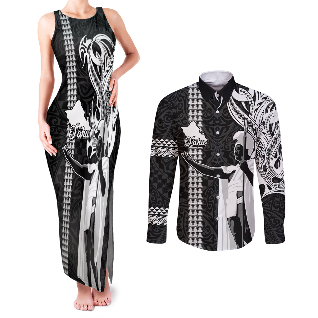 Custom Hawaii Oahu Island Couples Matching Tank Maxi Dress and Long Sleeve Button Shirts Hawaiian King and Kakau Symbols Abstract Shoulder Tattoo LT03 Black - Polynesian Pride