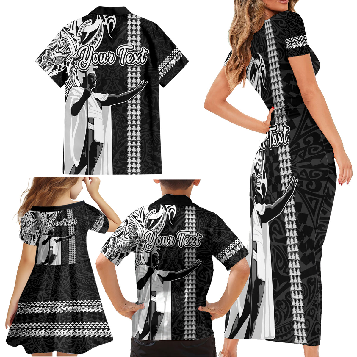 Custom Hawaii Oahu Island Family Matching Short Sleeve Bodycon Dress and Hawaiian Shirt Hawaiian King and Kakau Symbols Abstract Shoulder Tattoo LT03 - Polynesian Pride