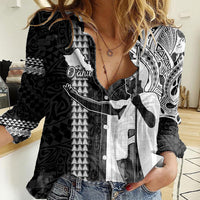 Custom Hawaii Oahu Island Women Casual Shirt Hawaiian King and Kakau Symbols Abstract Shoulder Tattoo LT03 Female Black - Polynesian Pride