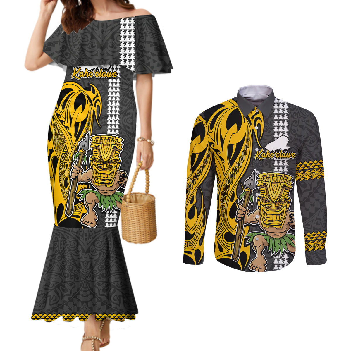 Hawaii Kahoolawe Island Couples Matching Mermaid Dress and Long Sleeve Button Shirts Hawaiian Warrior and Kakau Symbols Abstract Tattoo LT03 Yellow - Polynesian Pride
